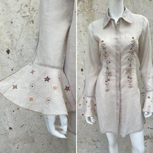 Vintage Y2K Embroidered Paper Thin Cotton Shirt Dress Fluted Sleeves